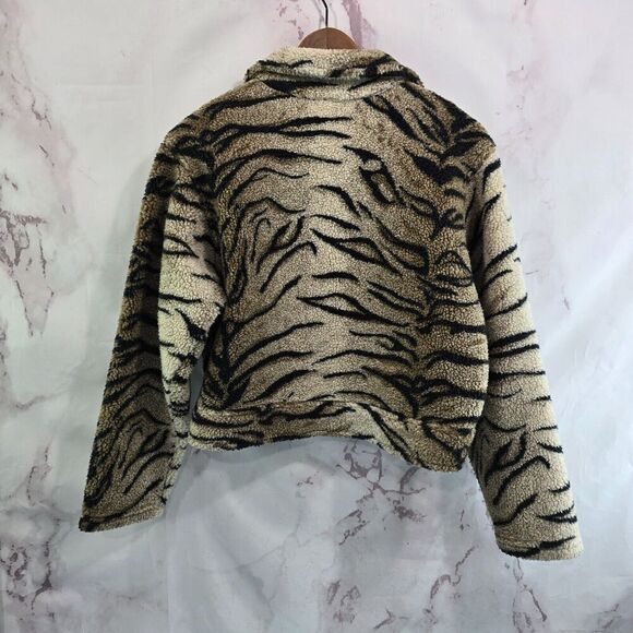 Vintage Y2K Jacket Womens Small Tan Zebra Sherpa Teddy Fuzzy Crop Coat Mob 90s - Picture 5 of 11